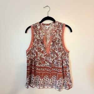 Lucky Brand Red, White & Blue Floral Sleeveless Smocked Blouse Small S/P